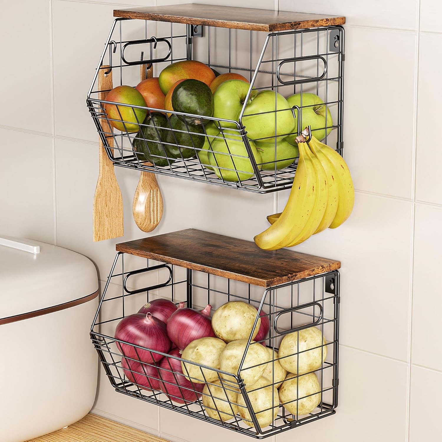Stackable Metal Fruit Basket with Wooden Lid – Wall and Countertop Organizer