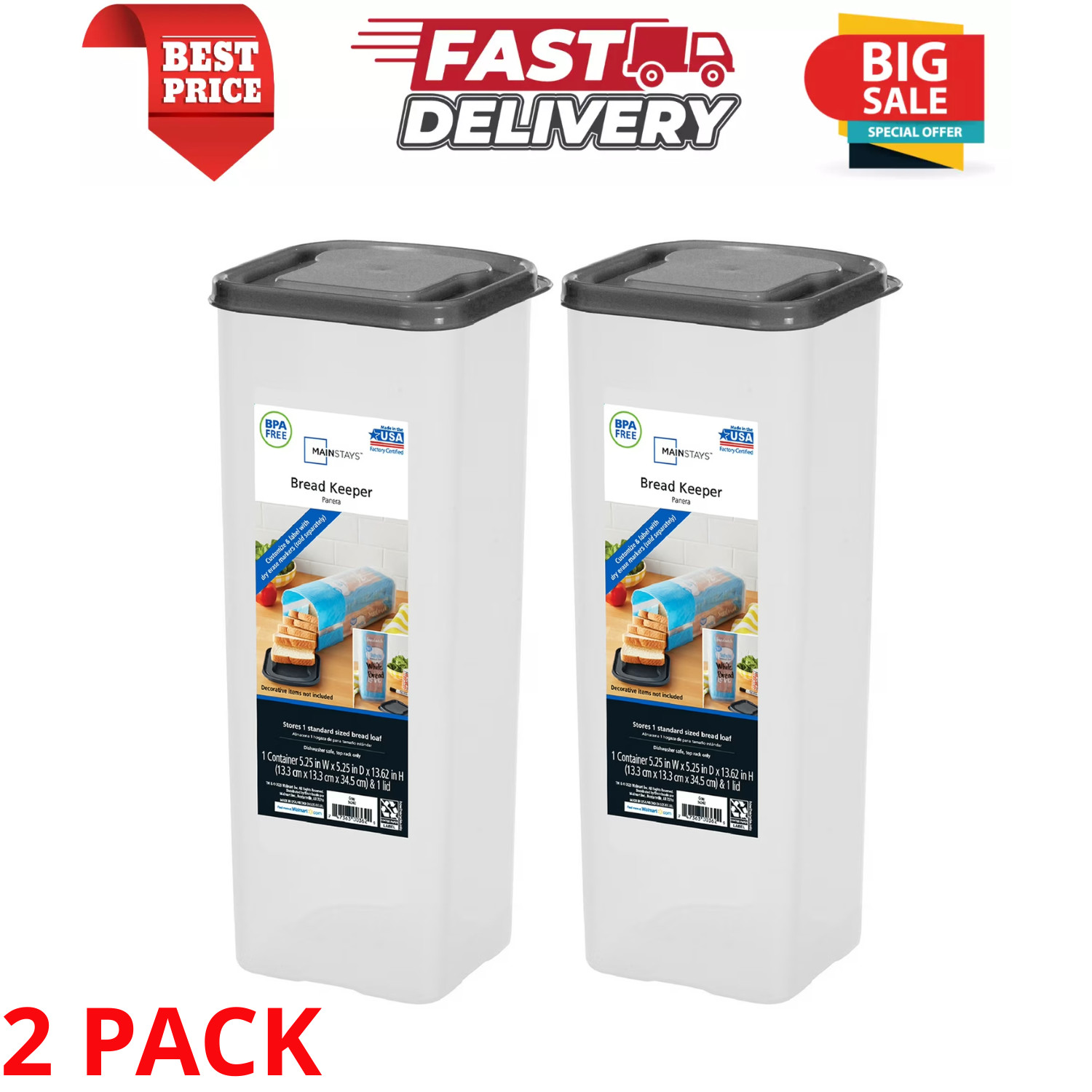 (Pack of 2) Bread Storage Container Durable Plastic Single-Loaf Keeper With Lid