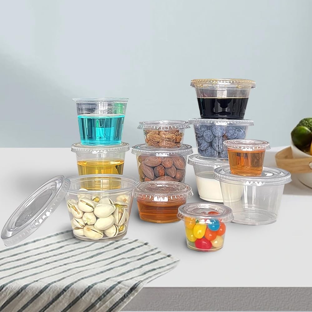 120 Sets – Small Plastic 1oz Condiment Cups with Lids, Portion for Clear