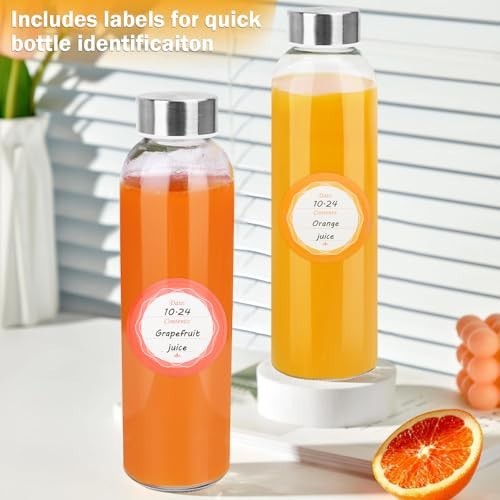 18 oz Reusable Glass Juice Bottles with Lids – Airtight Stainless Steel Caps, 6-