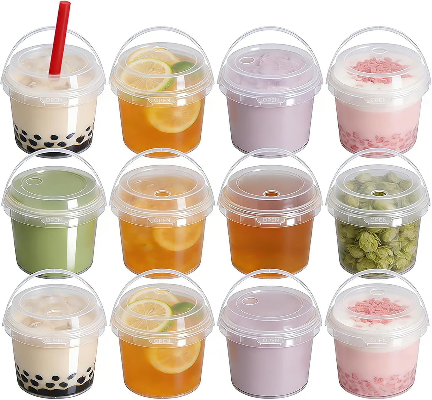 12 Pack 17Oz Clear Plastic Drink Buckets with Dual-Lid System, Reusable 0.5L Cup