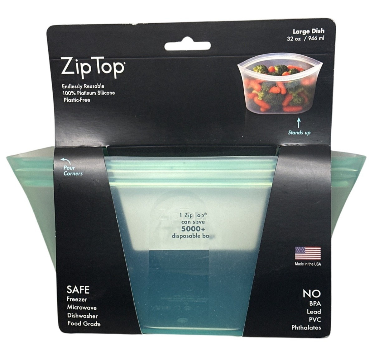 Zip Top Large Dish 32 Oz Teal Silicone Reusable Container