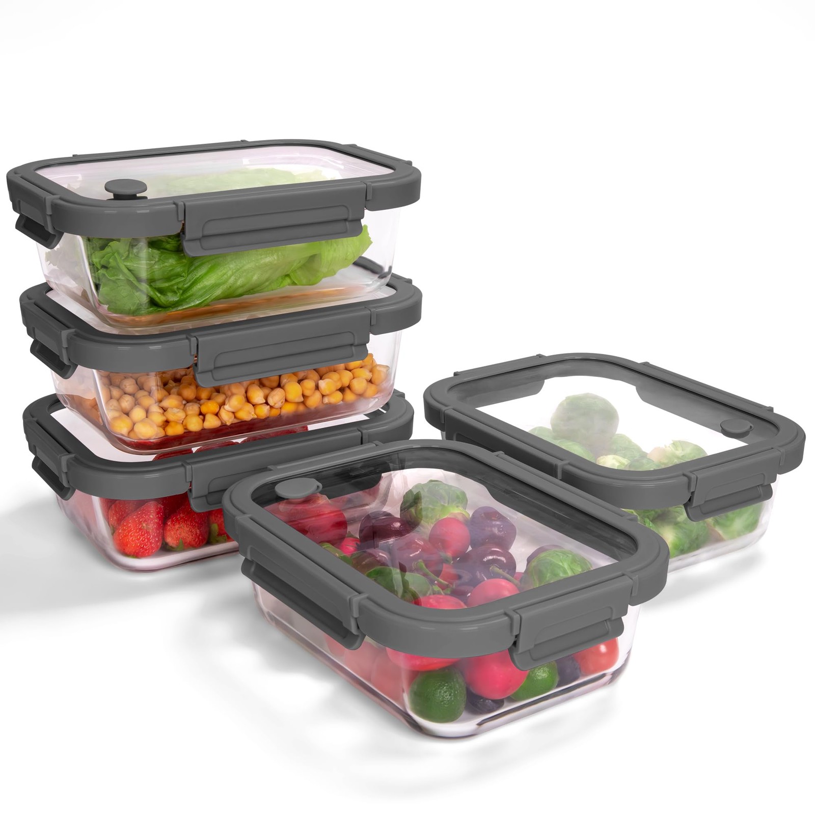 BOROHOUSE 5-Pack Borosilicate Glass Containers 4.4 Cup*5, Tempered Lids Gray