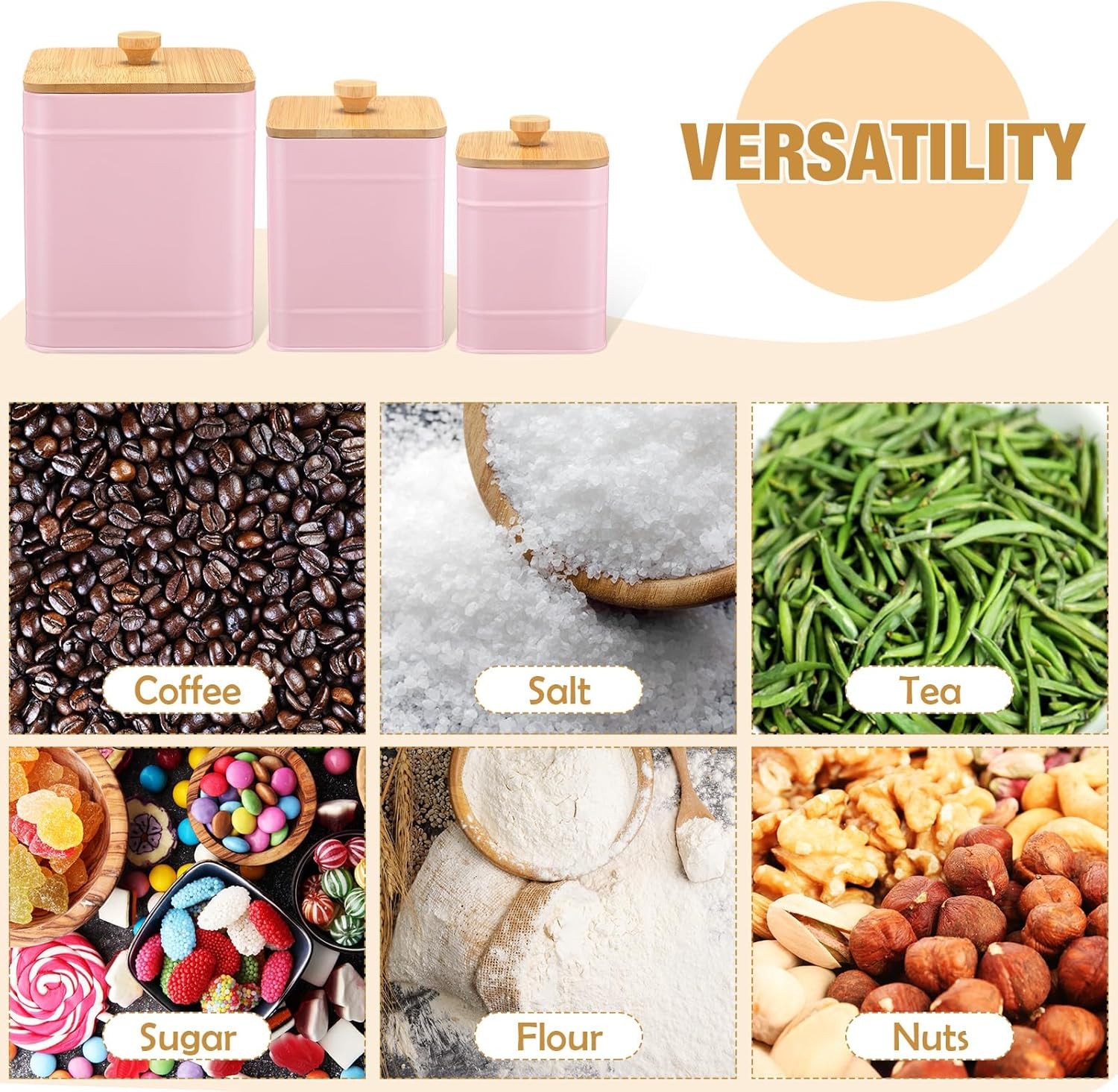Kitchen Canisters for Countertop Set of 3 Metal Canisters Sets with Bamboo Lids