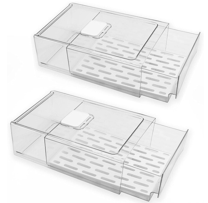 Fridge Organizer Bins – 2 Pack, Clear, Stackable, BPA-Free, 11.8″ x 8.11″ x 4.5″