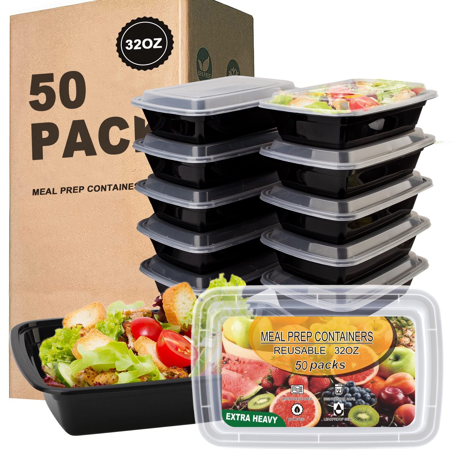 Ezalia 50 Pack- Meal Prep Containers 32oz, Plastic Food Reusable, Leakproof To