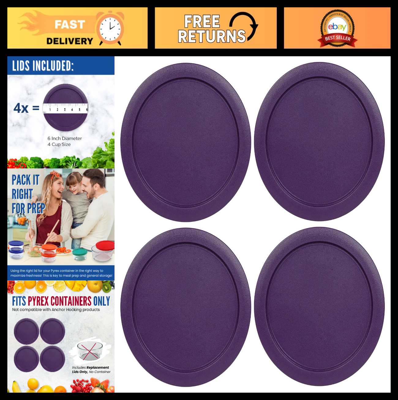 Airtight 4-Cup Glass Food Storage Container Lids – 6-Inch Round Plastic Covers (
