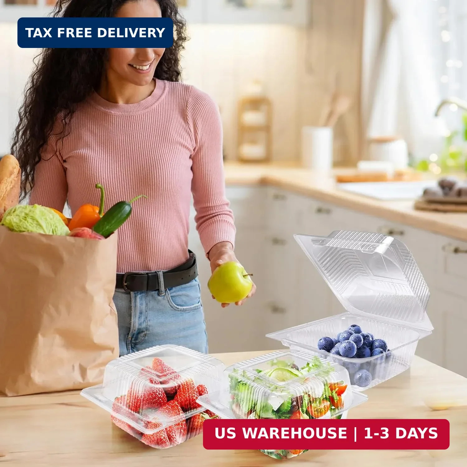 100Pcs Clear Plastic Take Out Containers,Clear Plastic Hinged Food Containers,Di