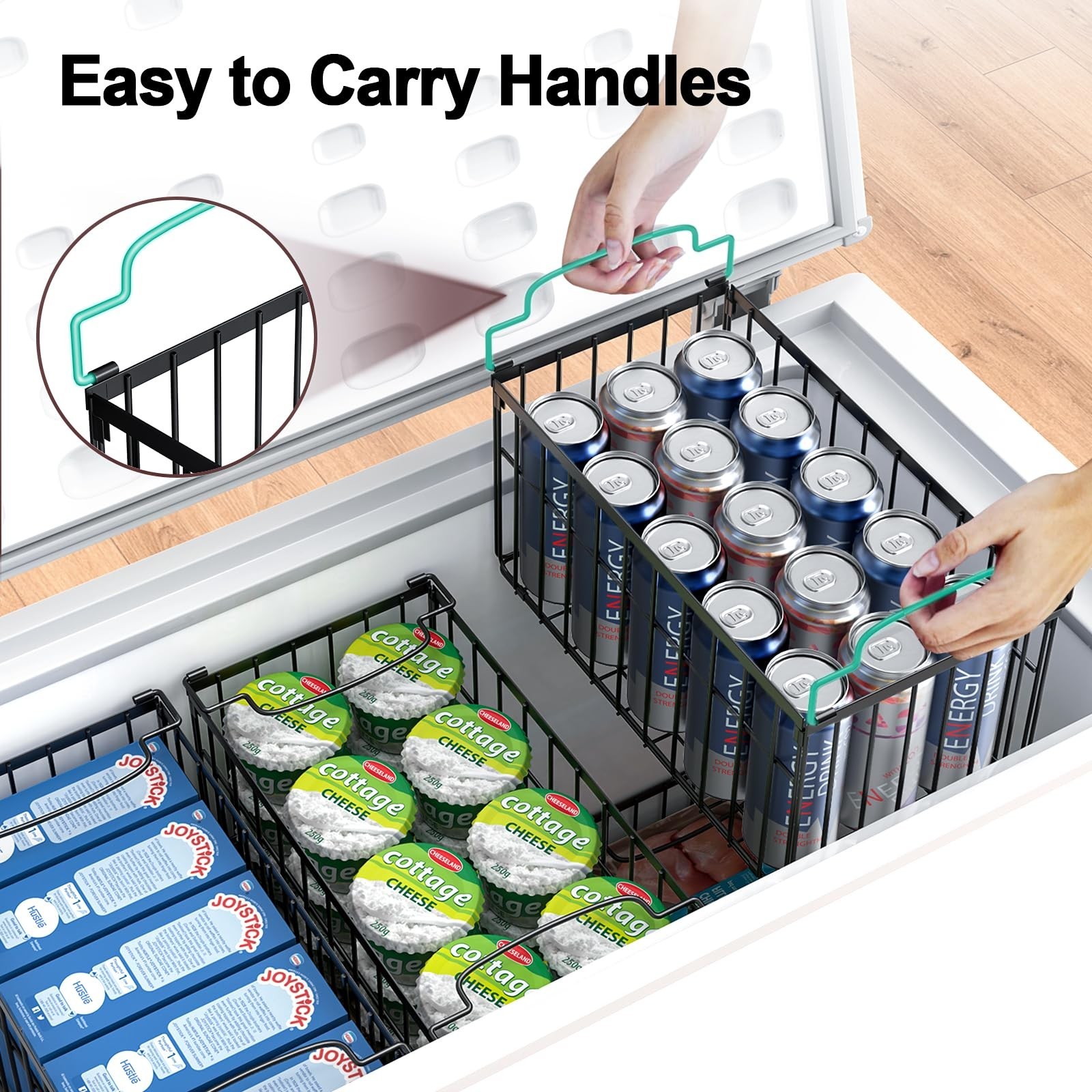 Stackable Freezer Organizer Bins – 4 Pack Deep Storage Baskets with Handles for