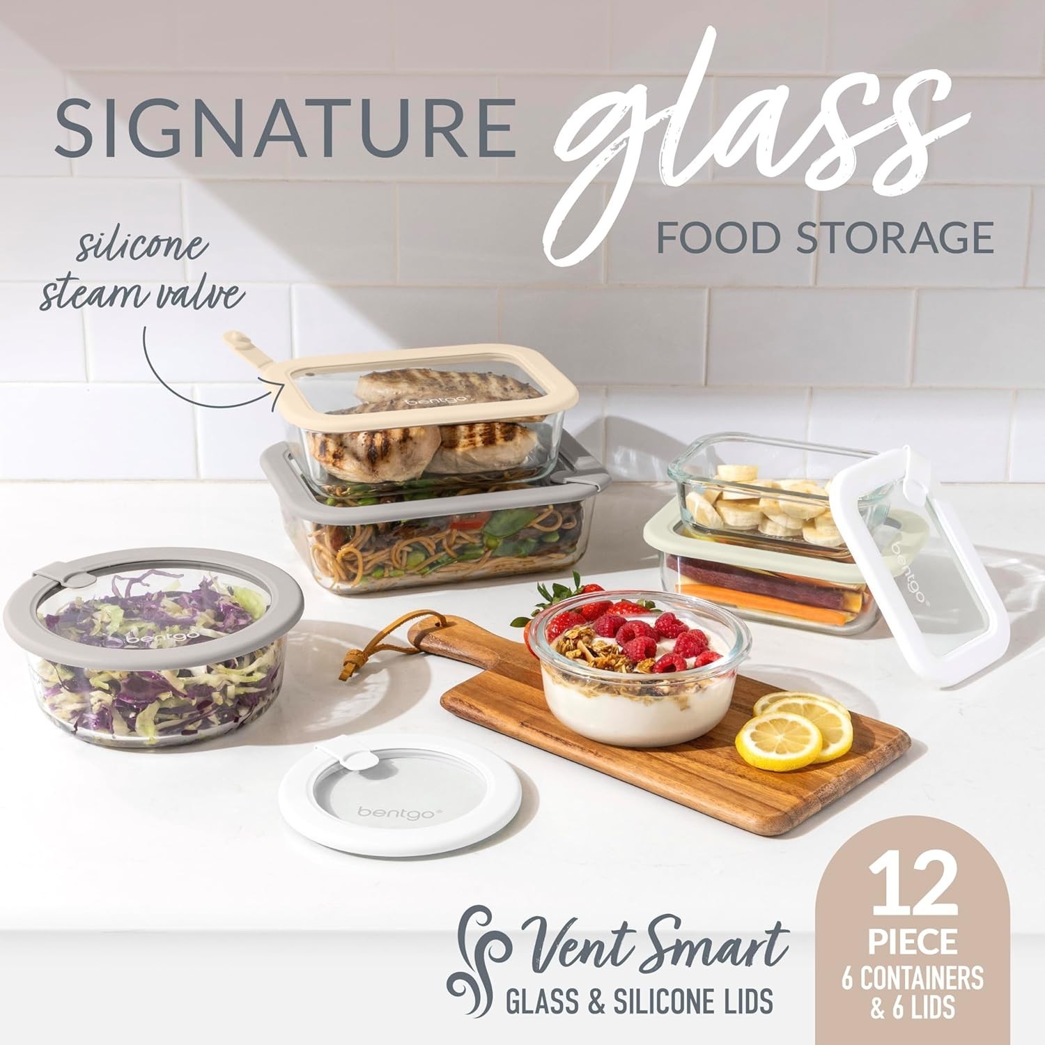 12 Piece Leak Proof Glass Food Storage Set Airtight Lids White Stone