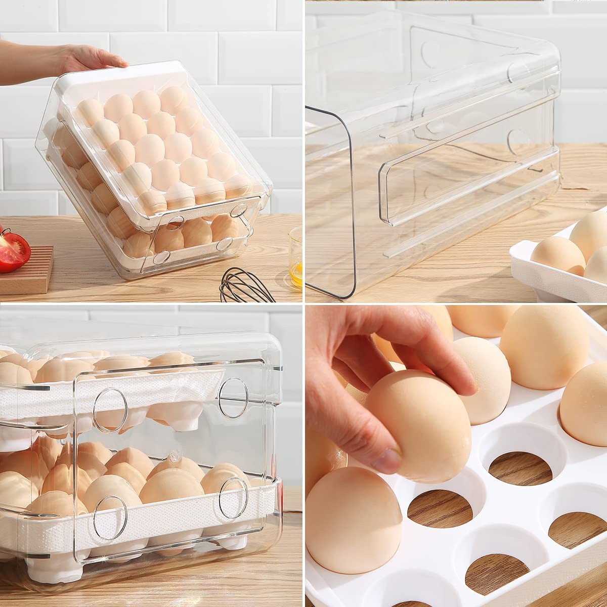 Egg Holder, Clear Plastic – 2 Layer/40 Grid Egg Tray & Fresh Storage for Fridge