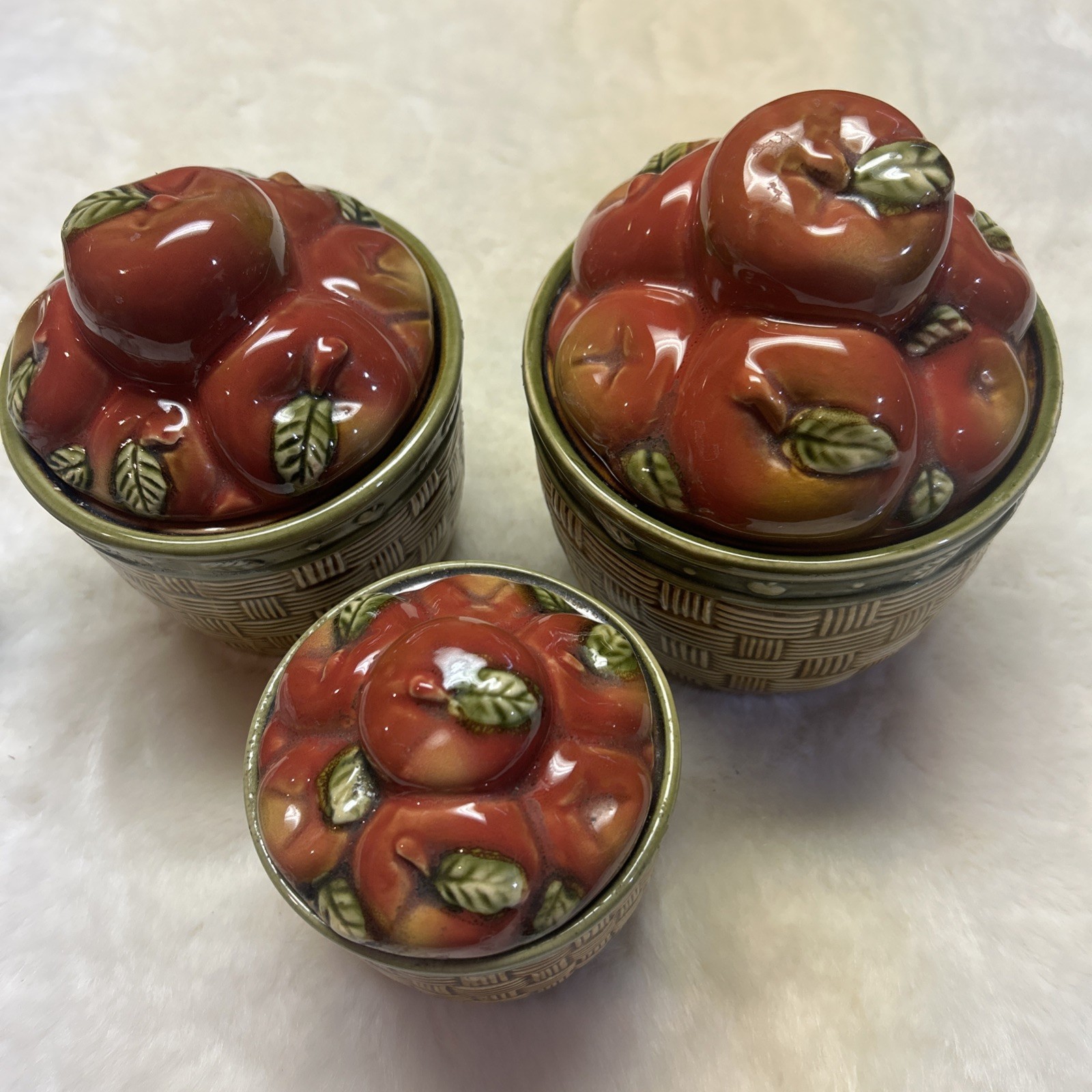 Vintage Set of 3 Ceramic Canisters Red Apple Baskets Kitchen Decor Cottage Core