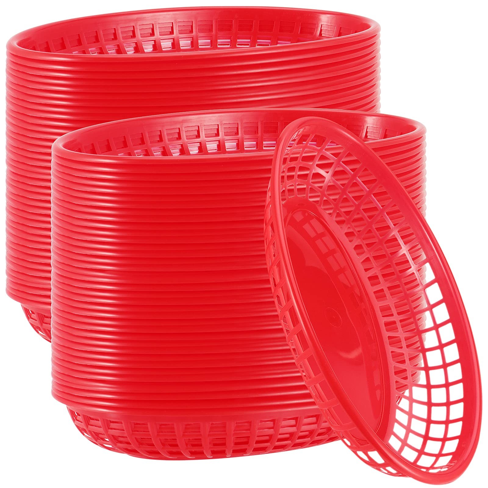 60 PCS Red Plastic Fast Food Serving Baskets 9×5.6×1.5 Inch Oval Restaurant