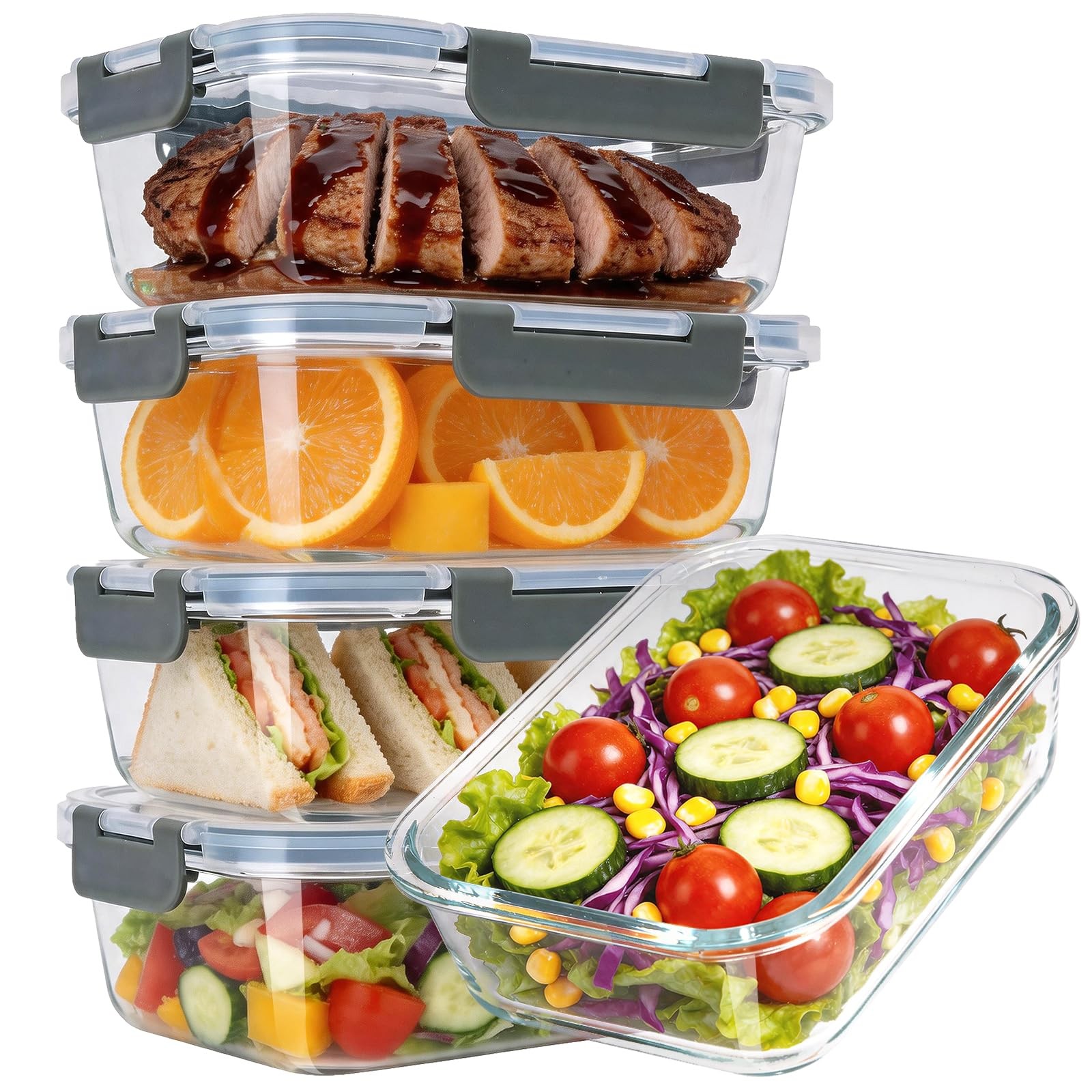 5-Pack 36oz Glass Food Storage Containers with Lids Airtight, Glass Meal Prep…
