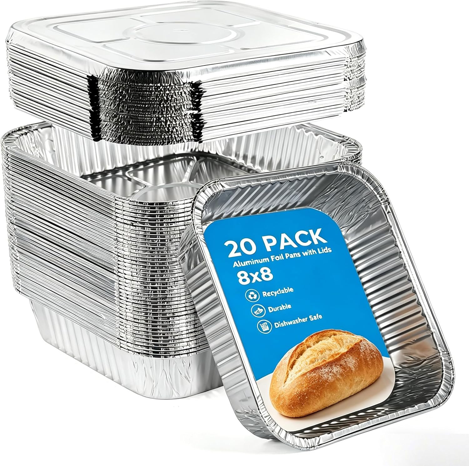 20 Pack Foil Meal Prep Containers with Lids, 8″ X 8″ Disposable Aluminum Foil Pa