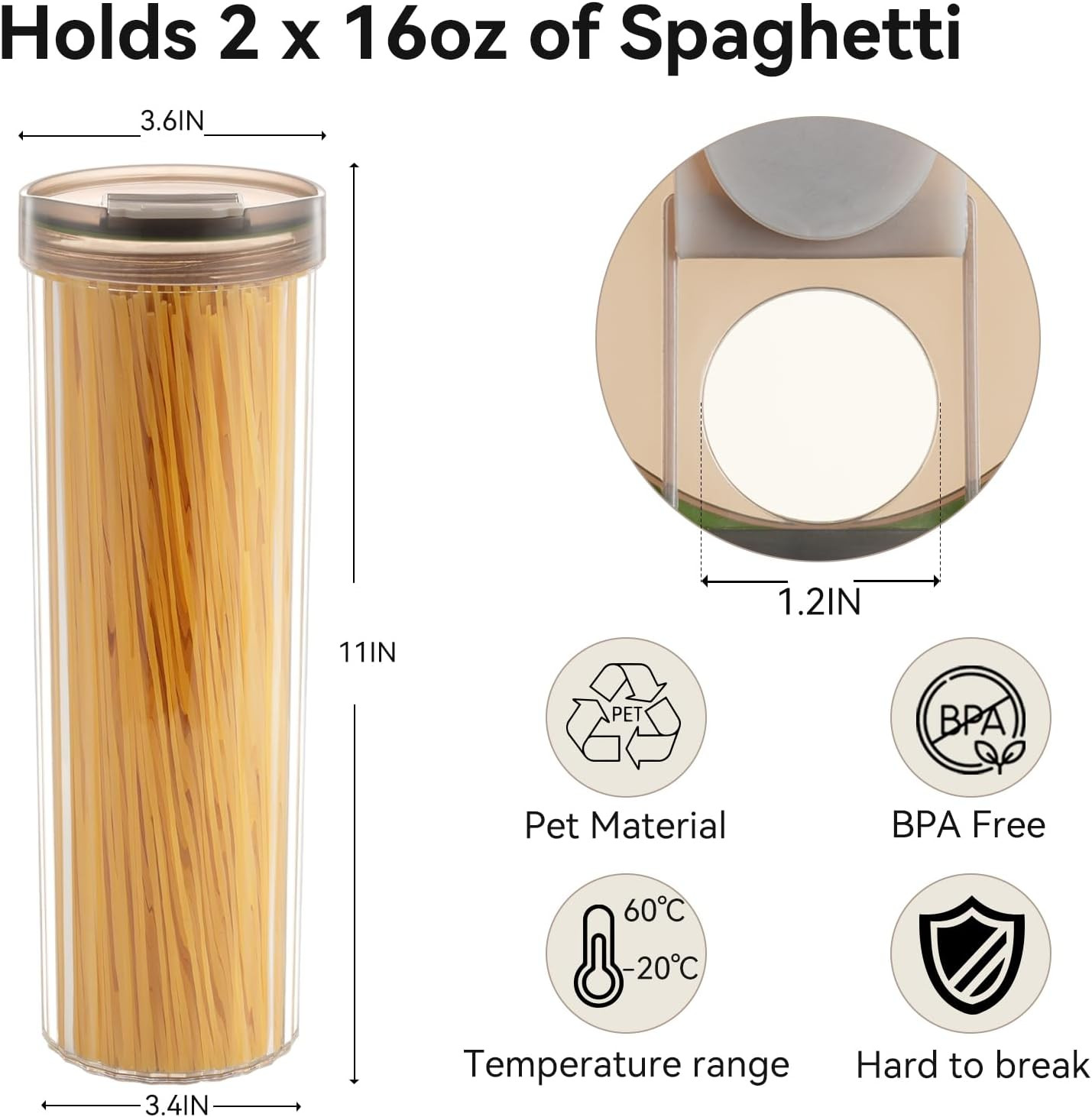 Tall Spaghetti Pasta Storage Container – 48oz Clear Pasta Holder Airtight Spaghe