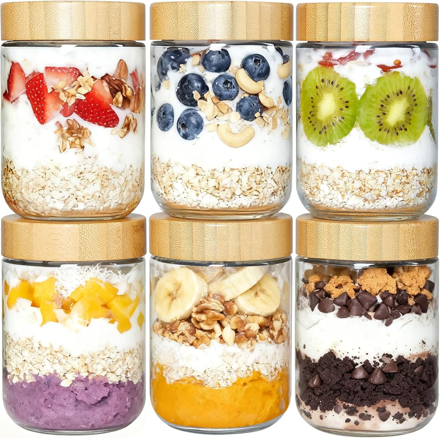 6 Pack 16oz Glass Overnight Oats Containers W/ Bamboo Lids Portable Wide Mouth