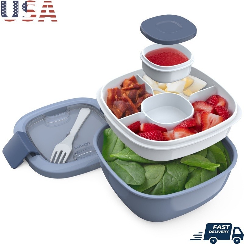 All-in-One Salad Container W/ Compartment Tray & Reusable Fork On-the-Go New