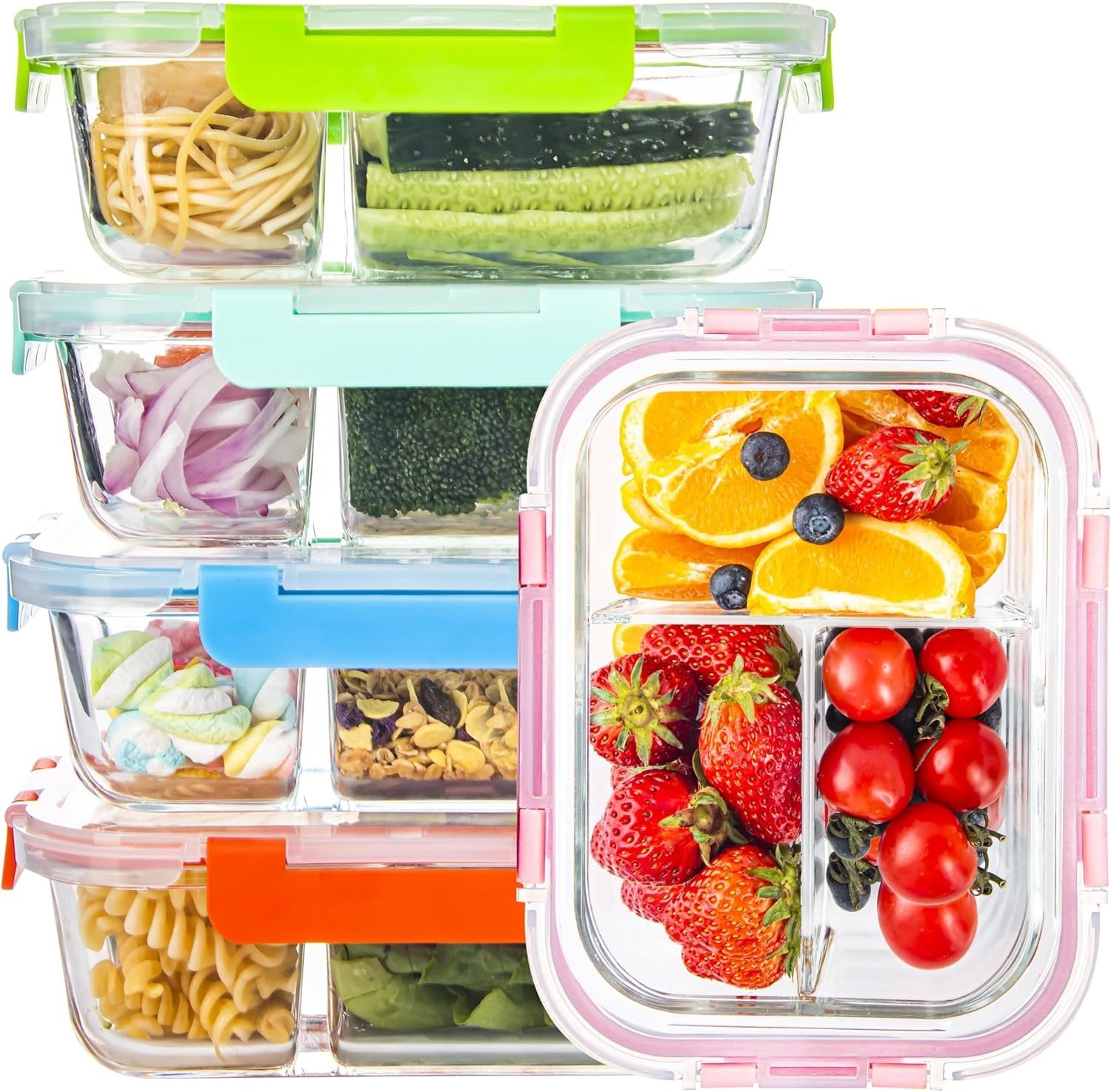 Glass Food Storage Containers 3 Compartment with Lids (5 Pack, 34oz), Divided Gl