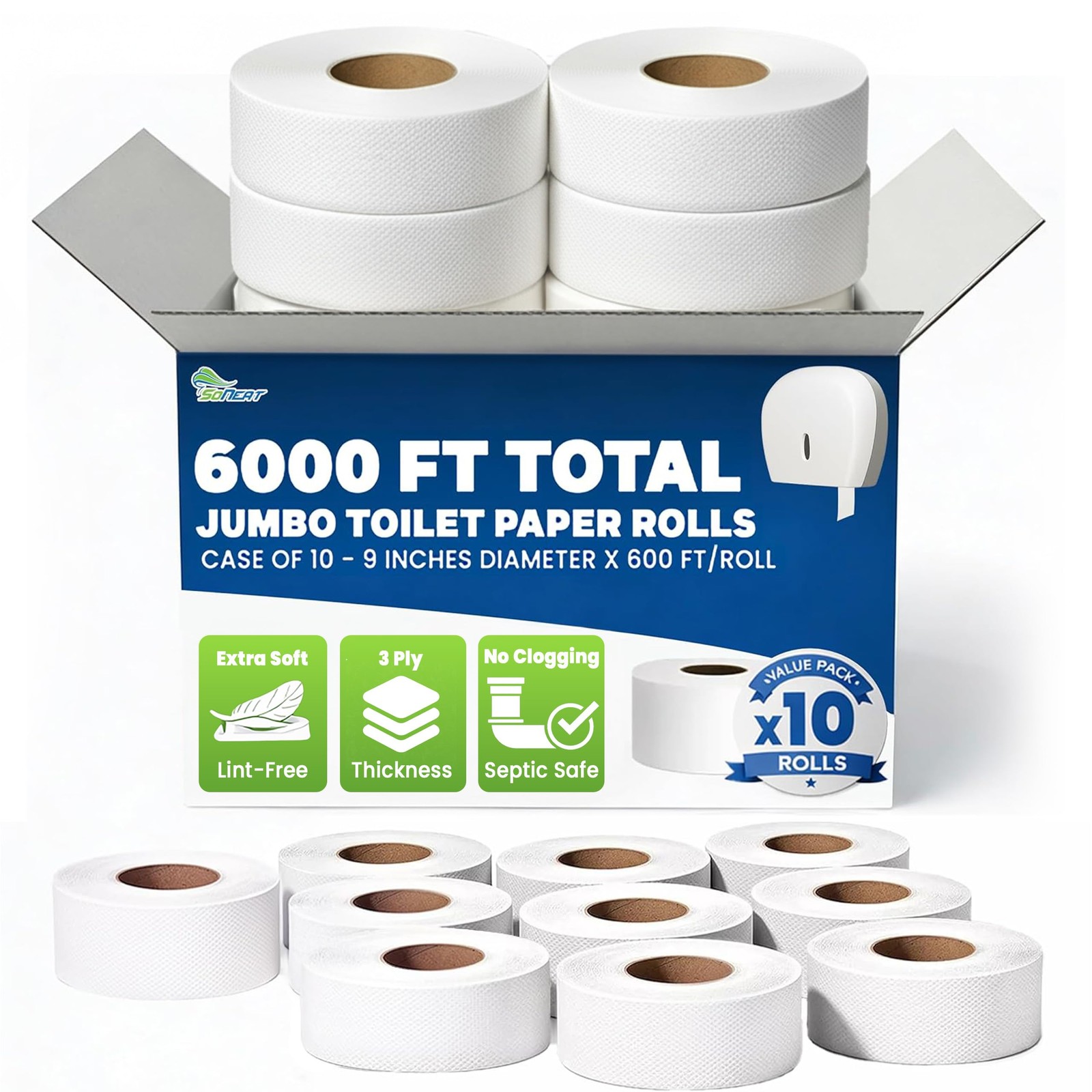 Soneat Commercial – Rolls -6000 Ft Industrial 3-Ply 9 Bulk Large
