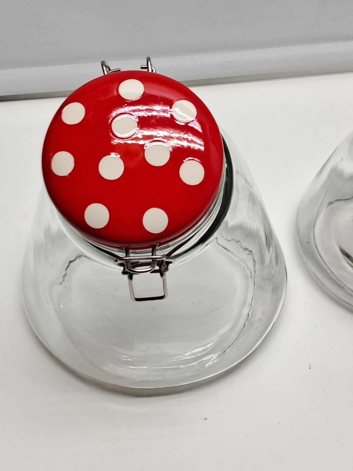 Vintage Set of 3 Amici Glass Tlited Lid Red Polka Sot Storage Canisters