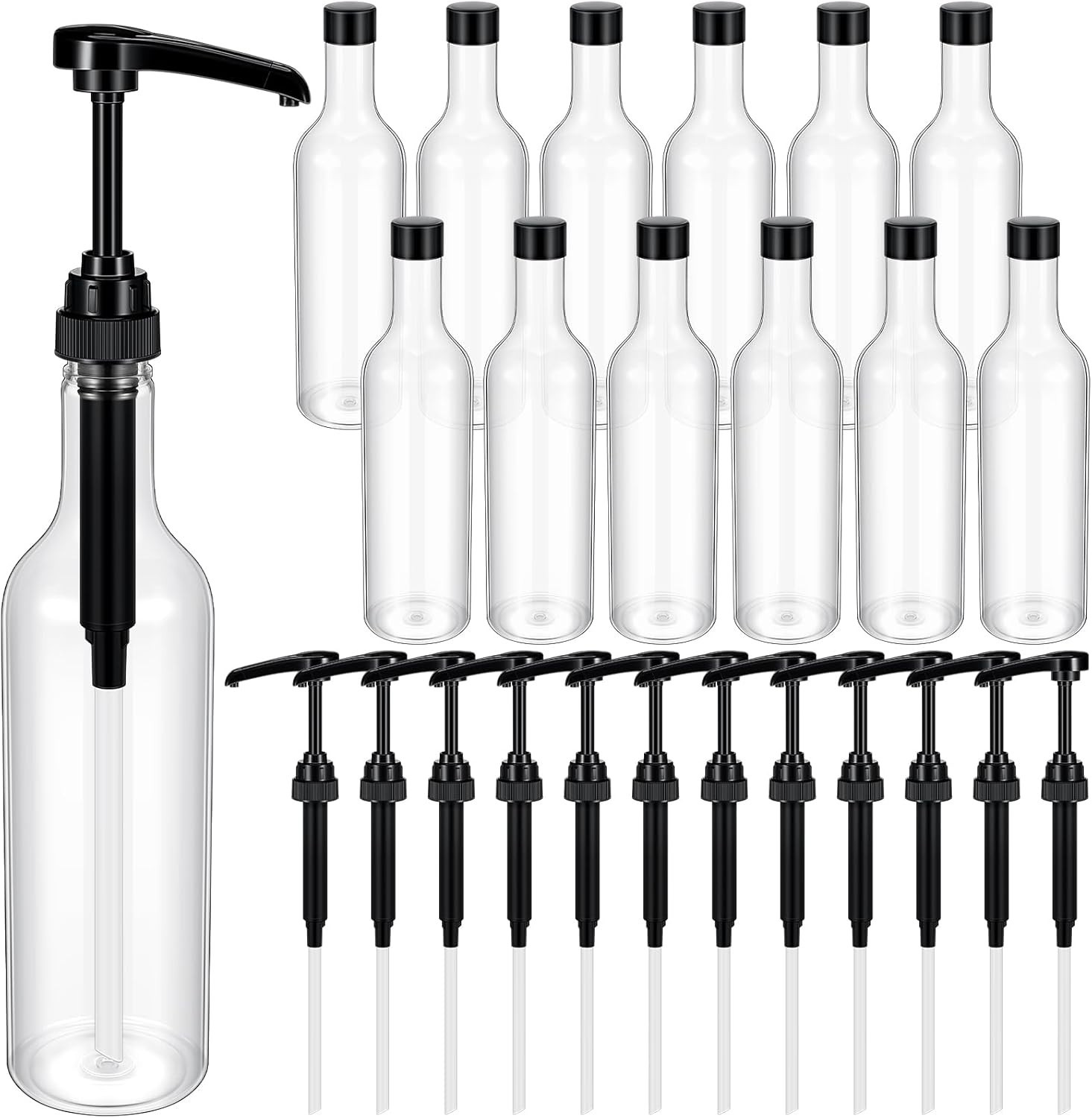 12 Pcs 25 oz Syrup Bottles with Pump Long Neck Bottles Plastic Syrup Pump Dis…