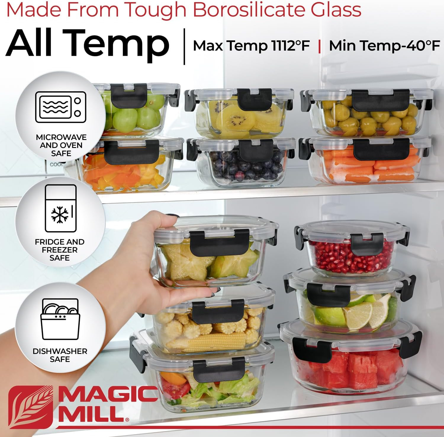 Magic Mill Premium Borosilicate Glass Food Storage Containers with lids Set | 24