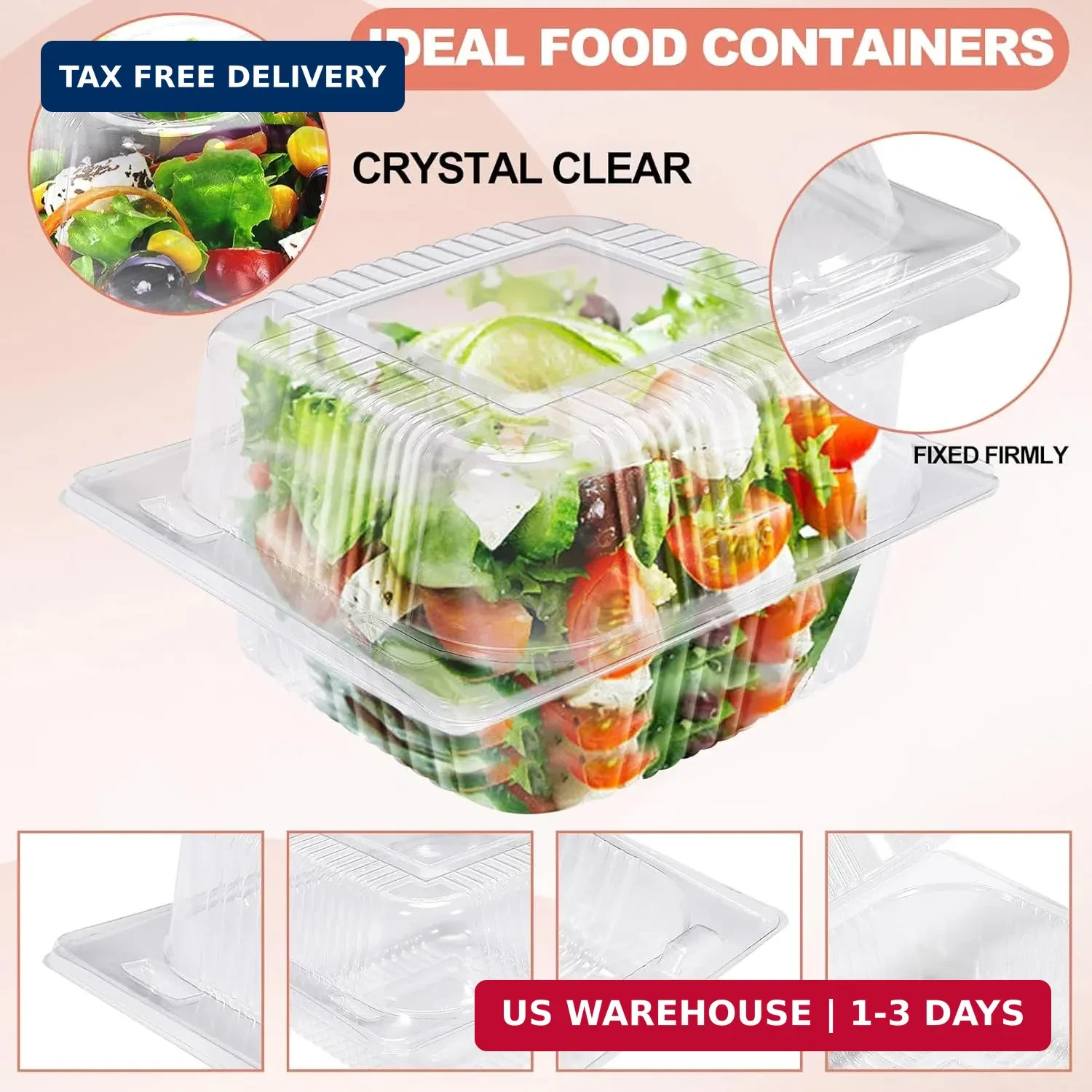 100Pcs Clear Plastic Take Out Containers,Clear Plastic Hinged Food Containers,Di