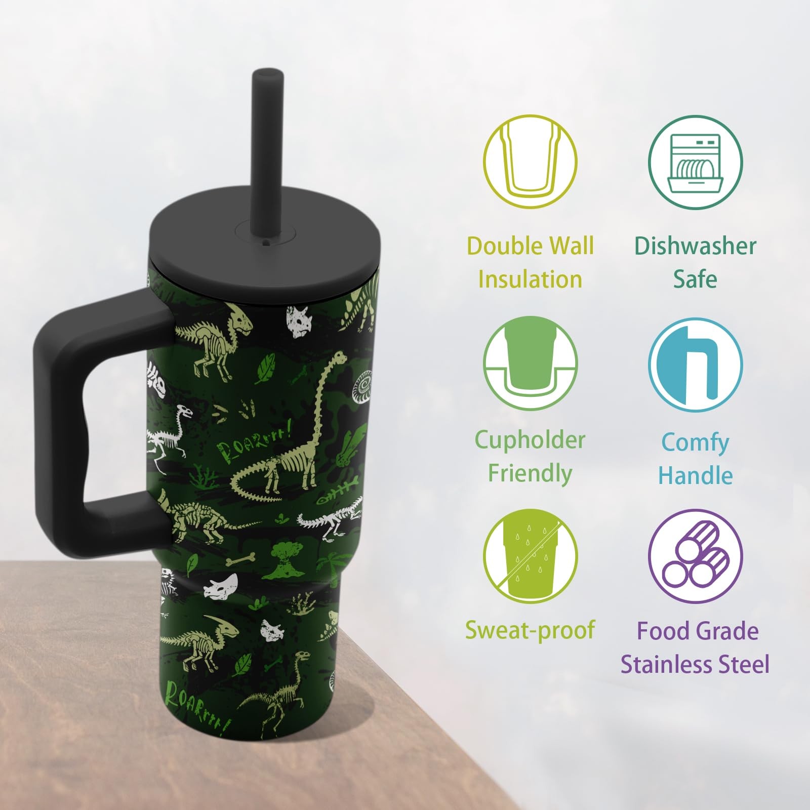 Hiboss Dinosaur Gifts For Kids Green Dinosaurs Tumbler Handle And Straw 24 Oz