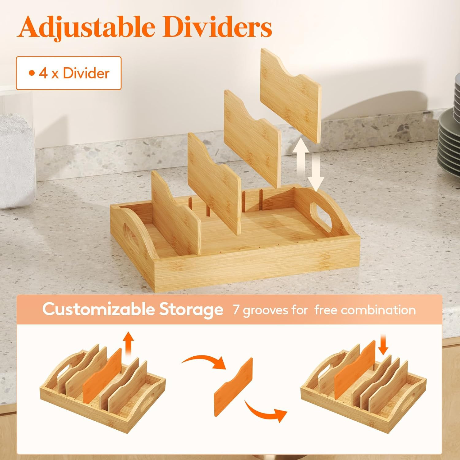 Bamboo Lid Organizer for Cabinet Adjustable Food Container Lid Holder 5 Slot