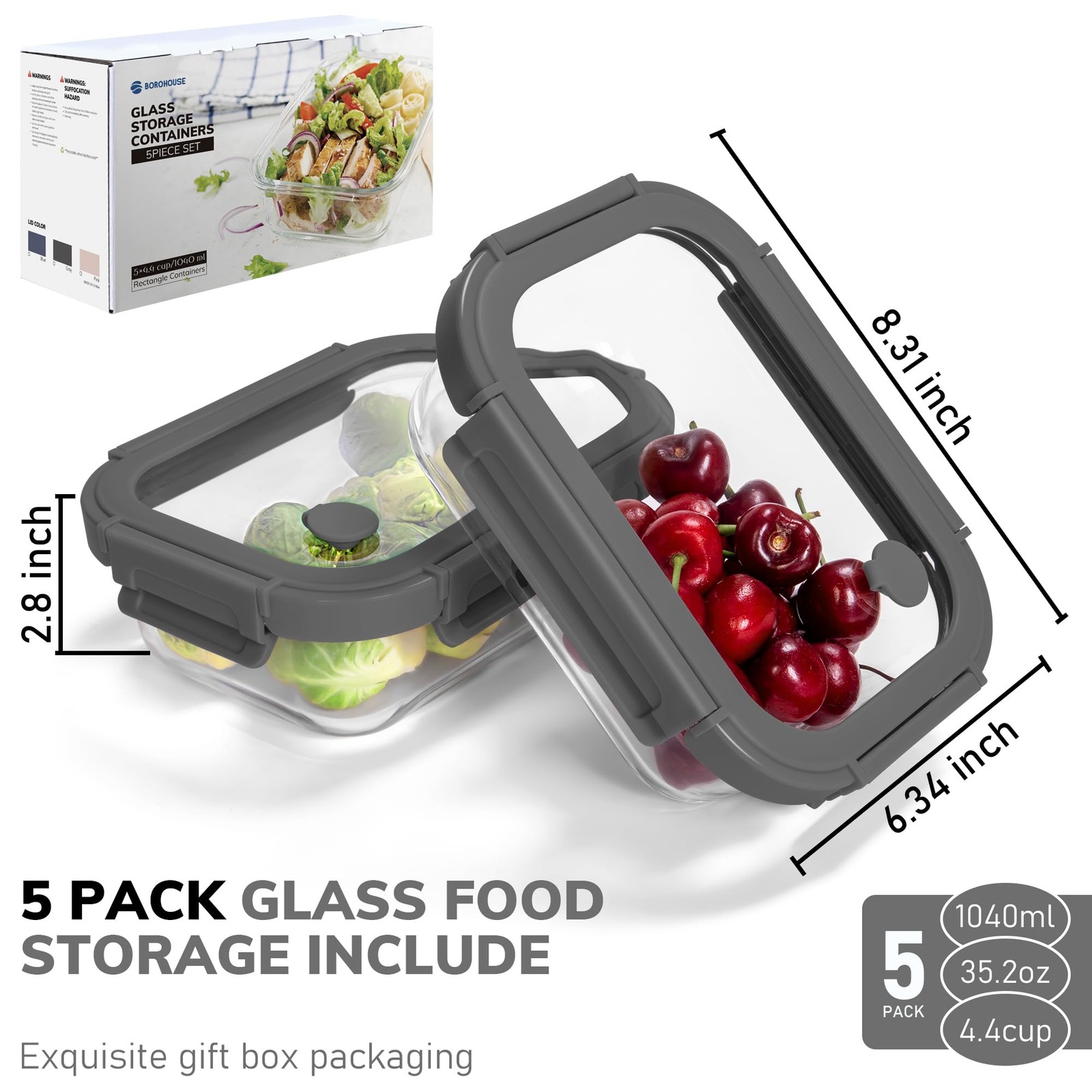 BOROHOUSE 5-Pack Borosilicate Glass Containers 4.4 Cup*5, Tempered Lids Gray