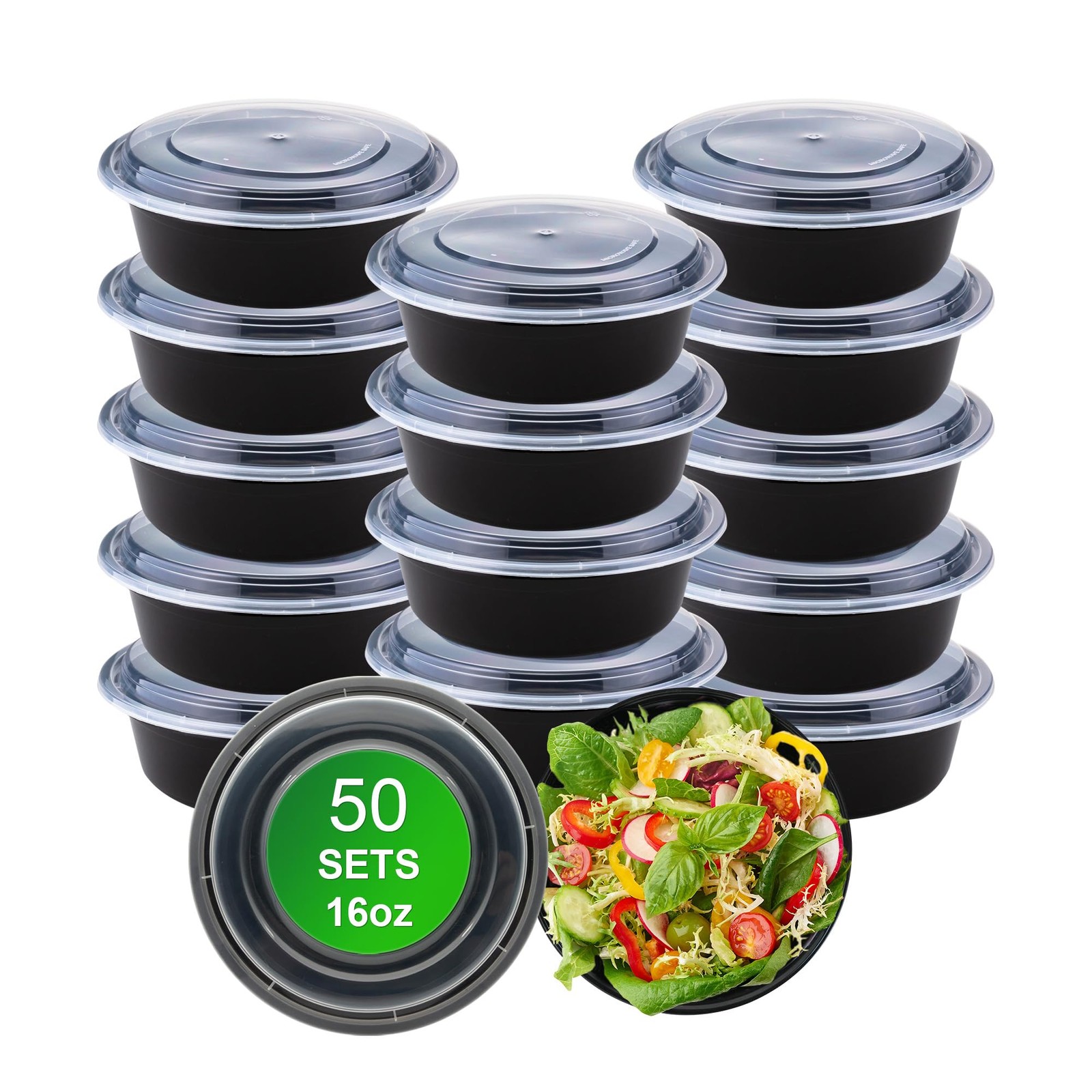 16 oz Round Meal Prep Containers with Lids, 50 Sets (100-Piece)