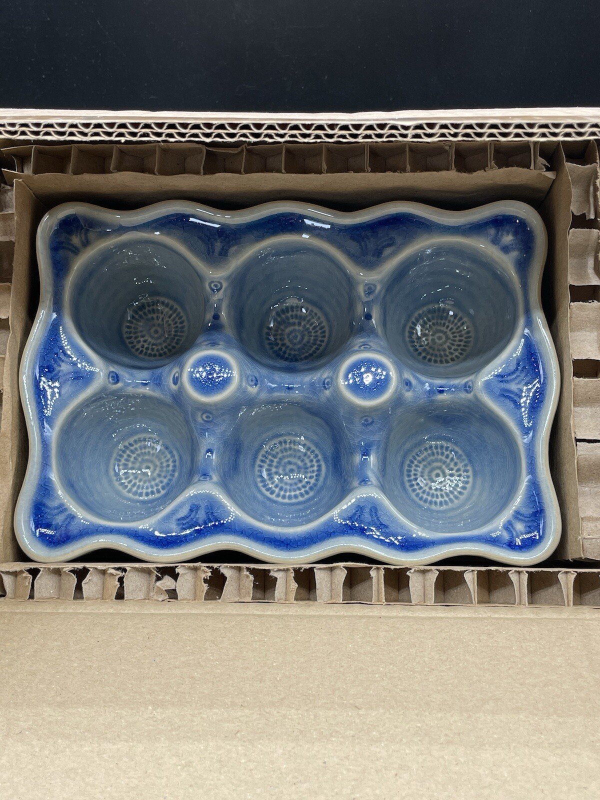 Anthropologie Old Havana Egg Crate Crackle Glazed Stoneware 1/2 Dozen Blue New