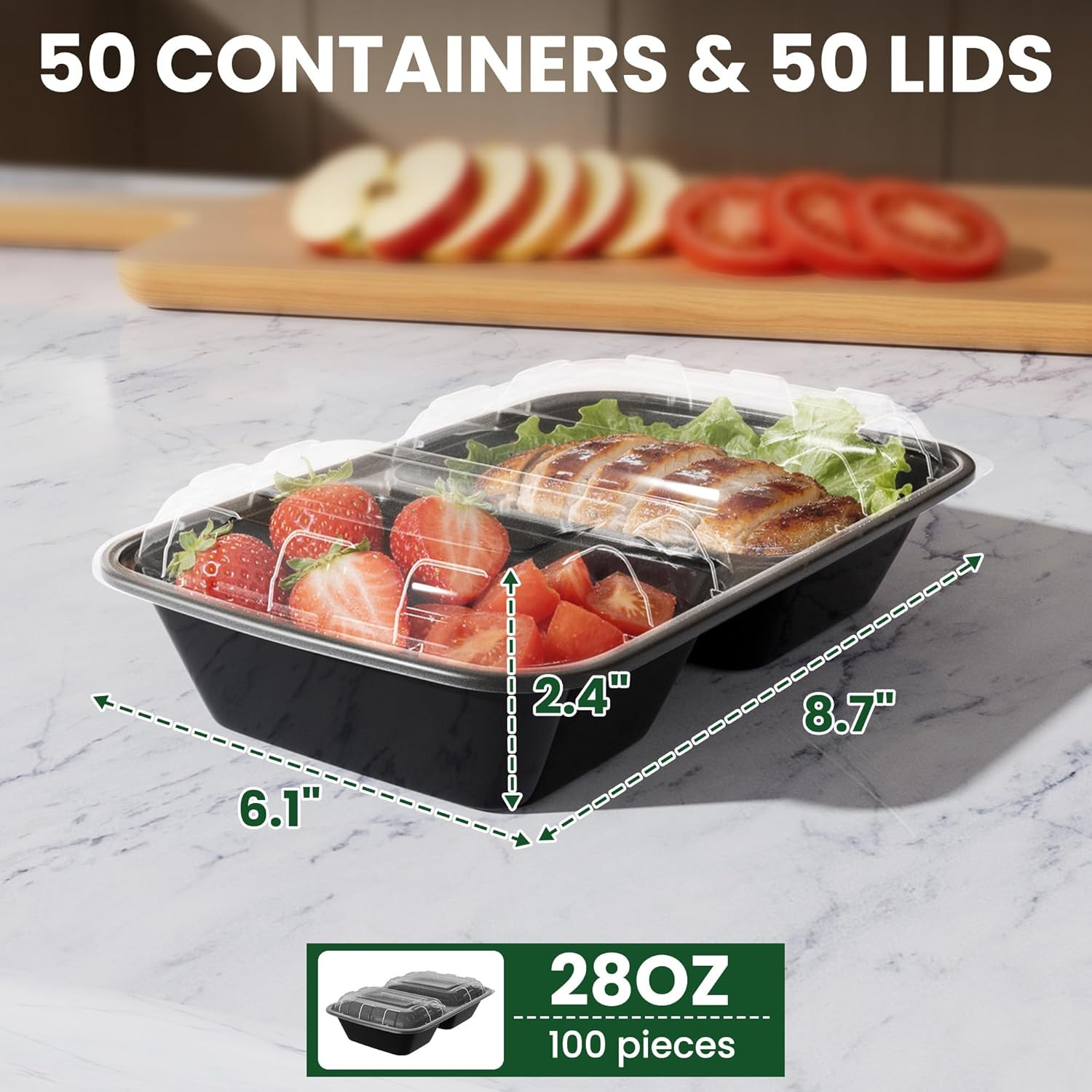 50 Pack 28oz Meal Prep Containers with Lids 2-Compartment, To Go Take Out Plasti