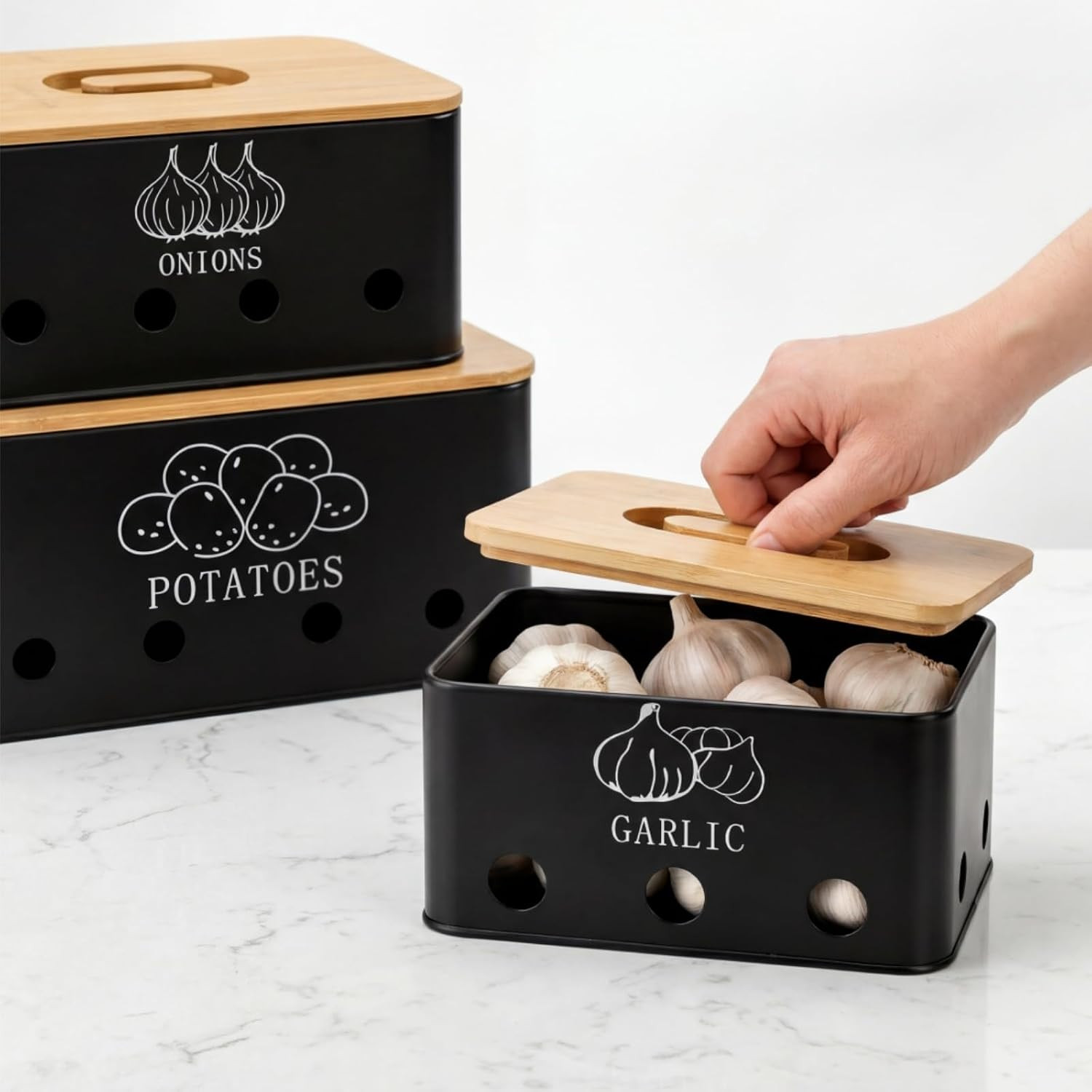 3 Pack Potato Onion Garlic Storage Set, Metal Vegetable Storage Bins with Aerati