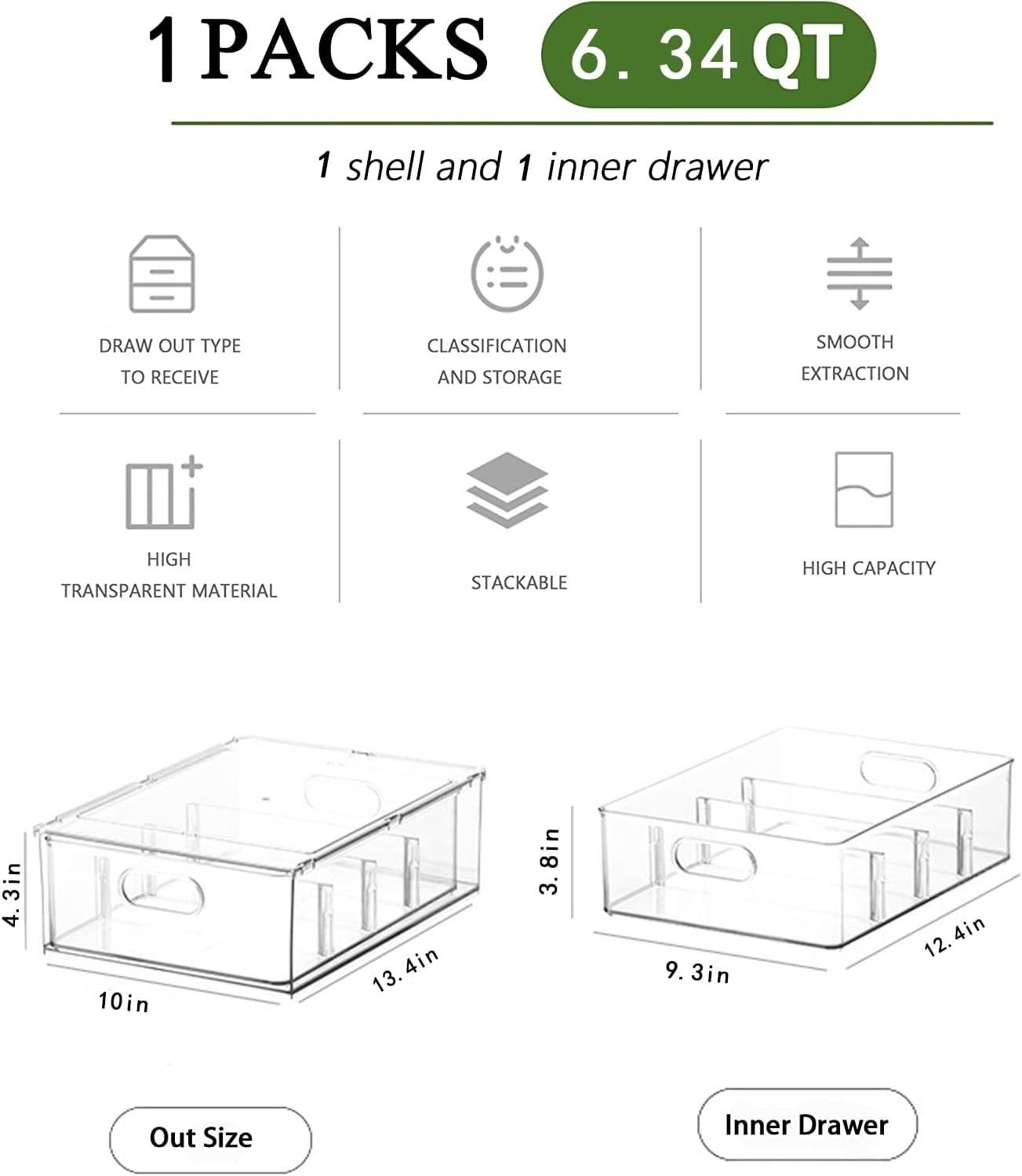 Stackable Clear Storage Drawer W/ 3 Dividers Pantry Shelf Fridge Organizer Fruit