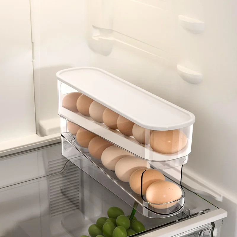 Double Layer Automatic Rolling Egg Storage Container 12-14 Eggs Hinged Design PP