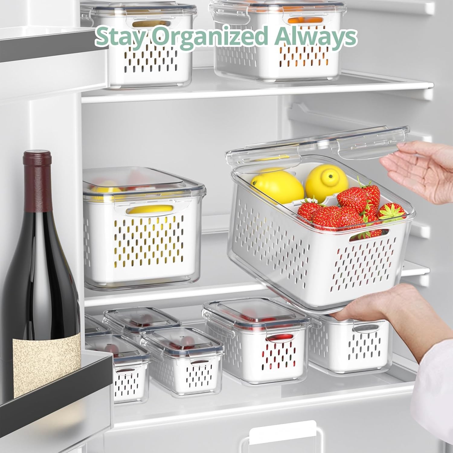Fruit Storage Containers for Fridge with Removable Colander, 8 Pack Fruit Con…