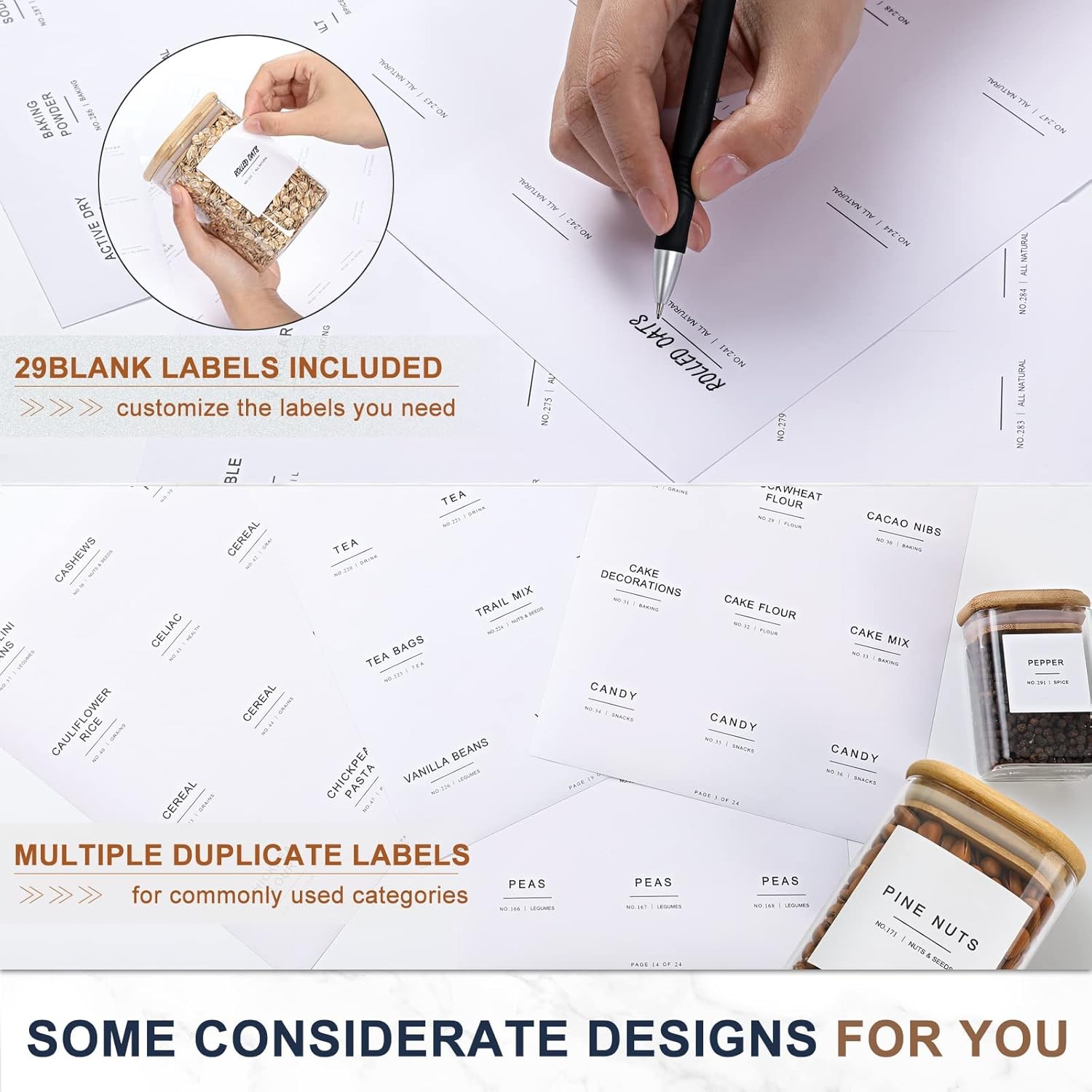 308 Kitchen Pantry Labels for Food Containers, 3 Sizes White Minimalist Labels