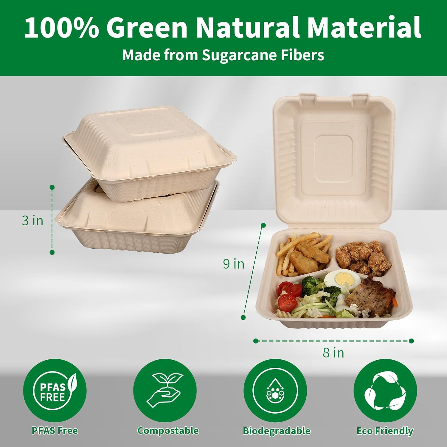 3‑Compartment 8×9″ Compostable Takeout Boxes 100‑Pack PFAS‑Free Bagasse