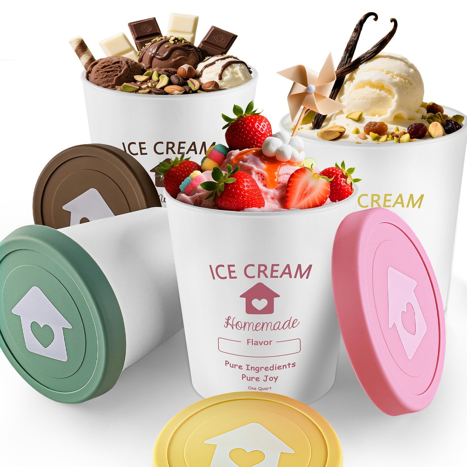Ice Cream Containers with Silicone Lids for Homemade Ice Cream, 4 Pack 1 Quar…