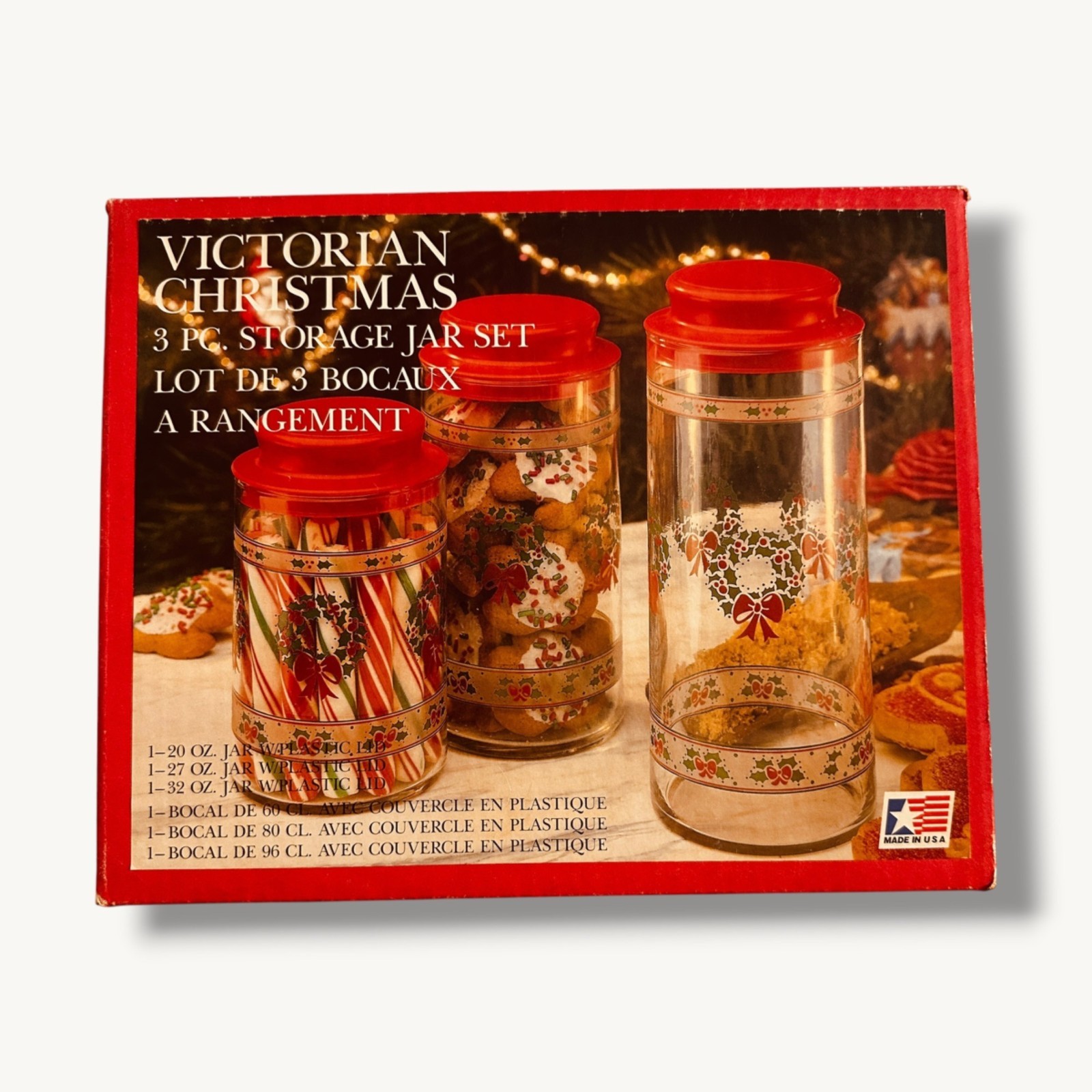 Victorian Christmas 3-Piece Decorative Storage Jar Set With Red Plastic Lids Hol