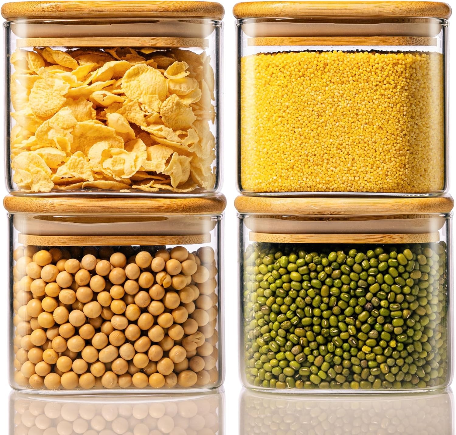 21oz – 4 Pack Square Glass Jars with Bamboo Lids, Glass Food Storage Containers