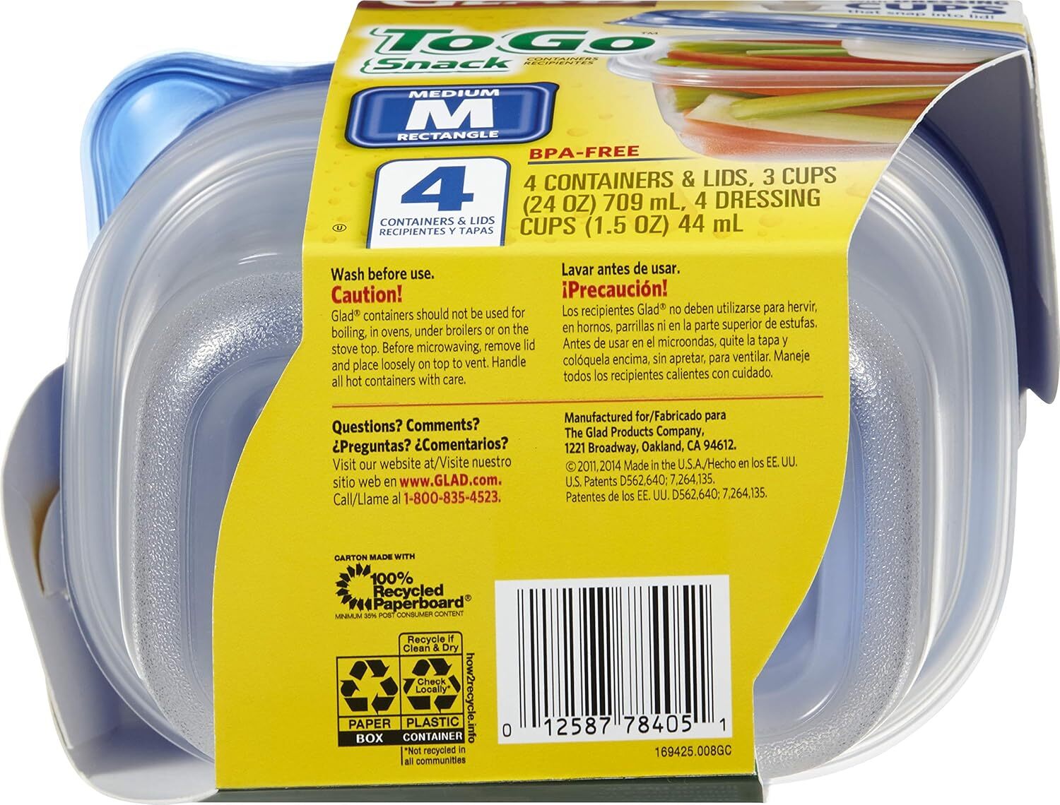 Glad to Go Snack Salad Dressing Food Storage Containers 3 Cups Rectangle 4 Ct