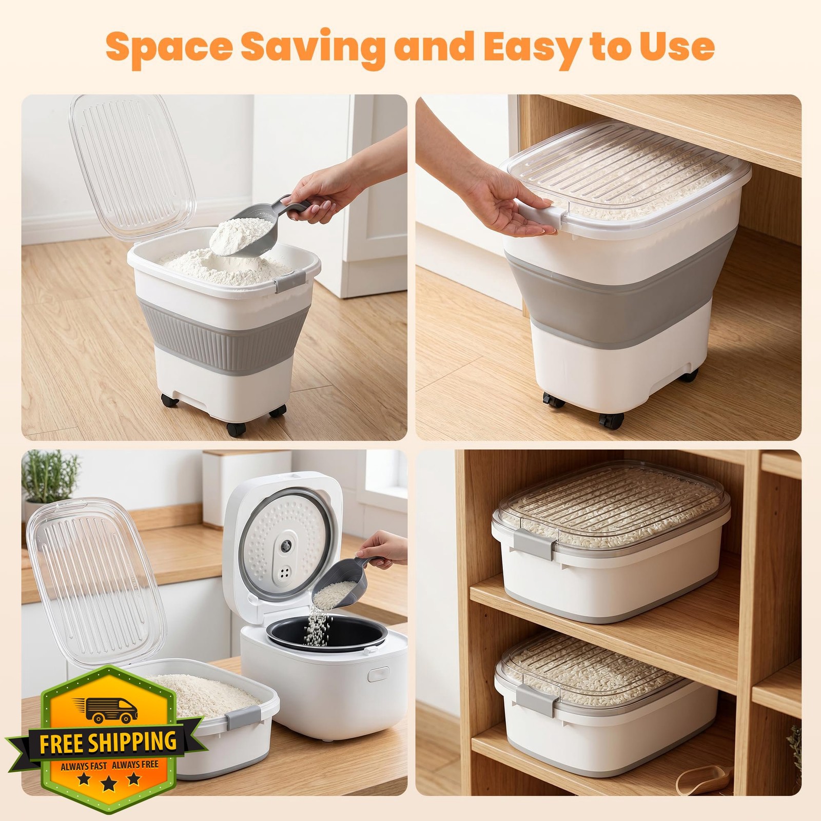 NURYO Grey 50lbs Rice Storage Container