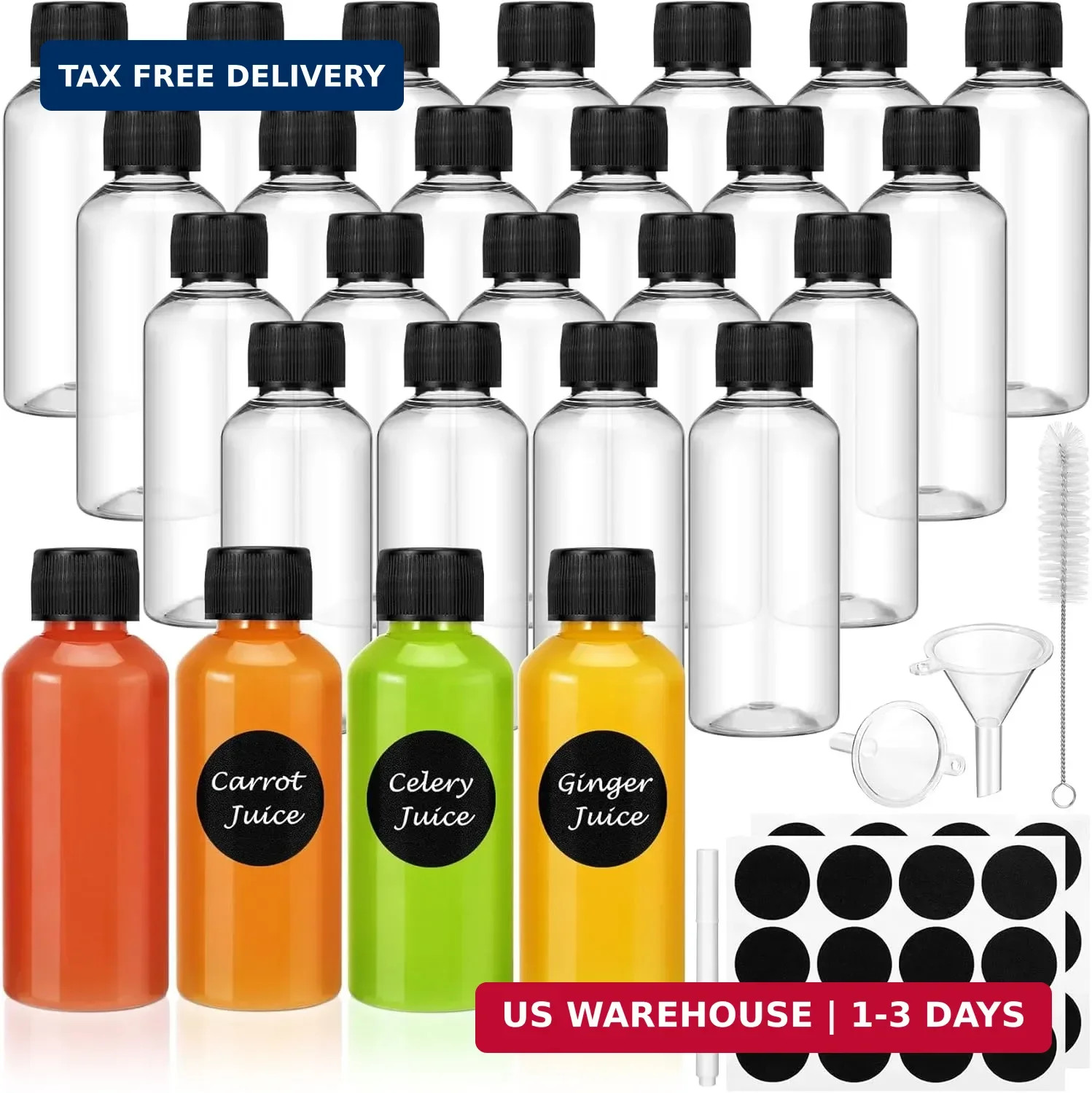 16 Pack 2 oz Shot Bottles with Caps, Mini Reusable Plastic Ginger Shots Bottle L