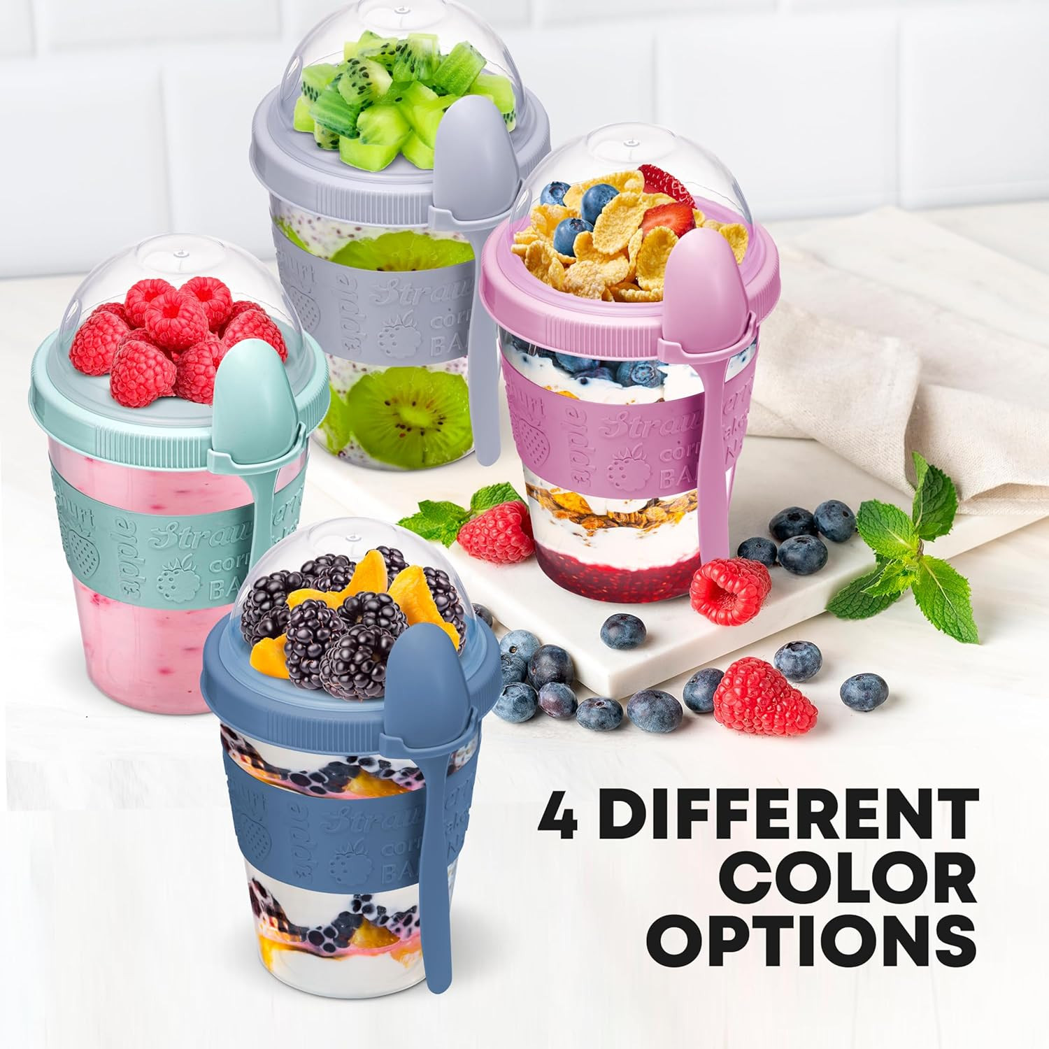 4 Pack – on the Go Yogurt Parfait Cups with Lids, Topping Compartment & Spoon, Y