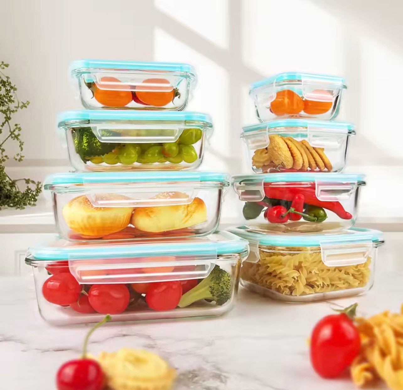 Glass Food Storage Containers 4-Pack with Lids, Airtight Leakproof for Lunch, Me