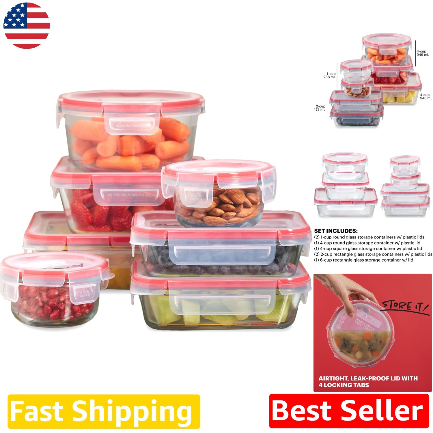 Glass Food Storage Containers 14pc Set Airtight Leakproof Microwave Safe