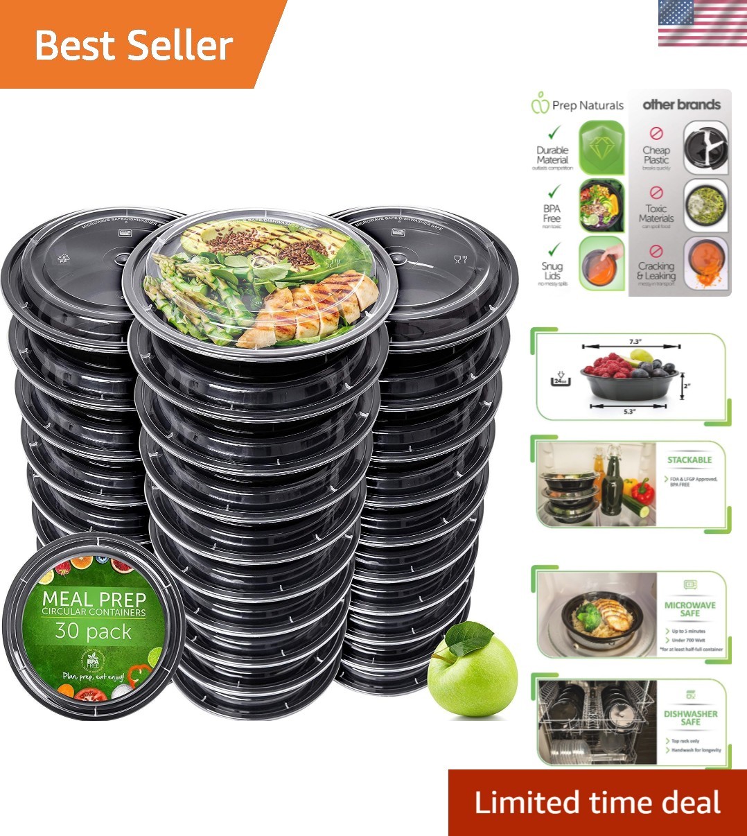 Airtight 30 Count Meal Prep Bowls – 24 Oz Portion Control, Microwave Safe